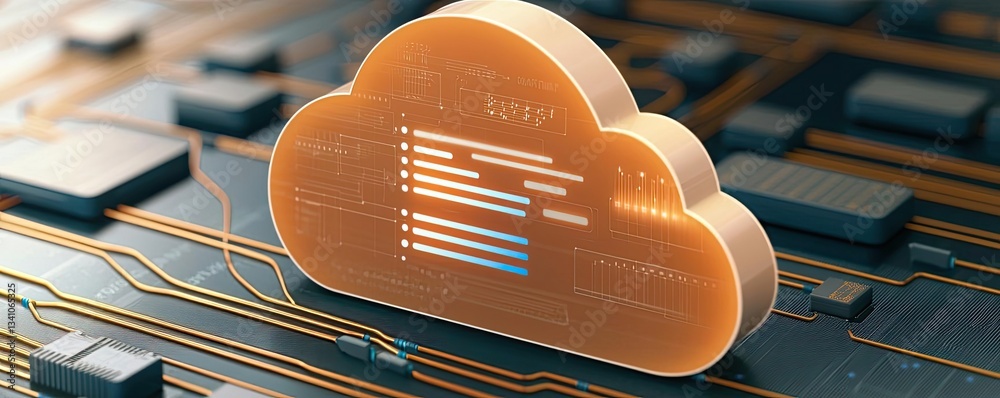 Poster Cloud technology database and server backup storage concept. Innovative cloud technology symbolizing data storage and processing.