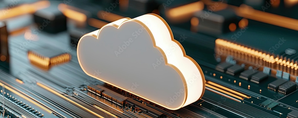 Poster Cloud technology database and server backup storage concept. A digital cloud icon represents cloud computing on a circuit board background.