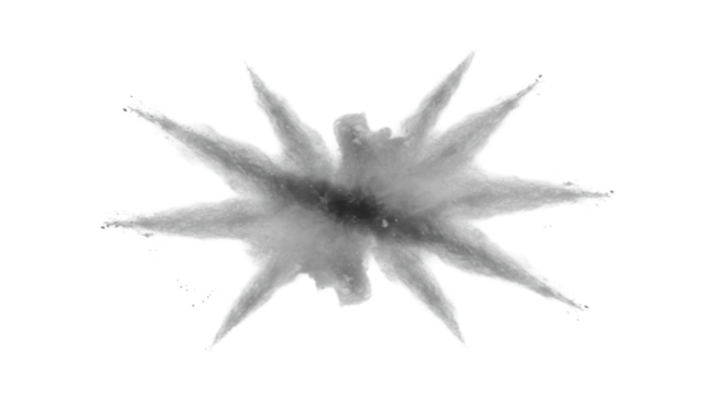 dynamic burst of fine powder expands outward in a symmetrical, star-like explosion against a clean, transparent background 