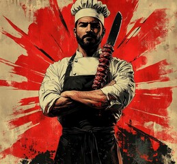 Fototapeta premium Chef with Knife and Meat Skewer Illustration, Vintage Style Fast Food Kebab Logo