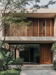 Contemporary Minimalist House Structure with Wooden Detailing and Lush Greenery