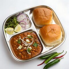 misal pav on 3 section steel dish on white background 