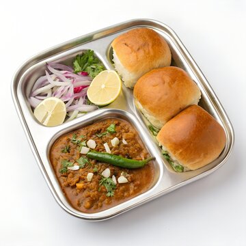misal pav on square steel sectioned dish on white background 