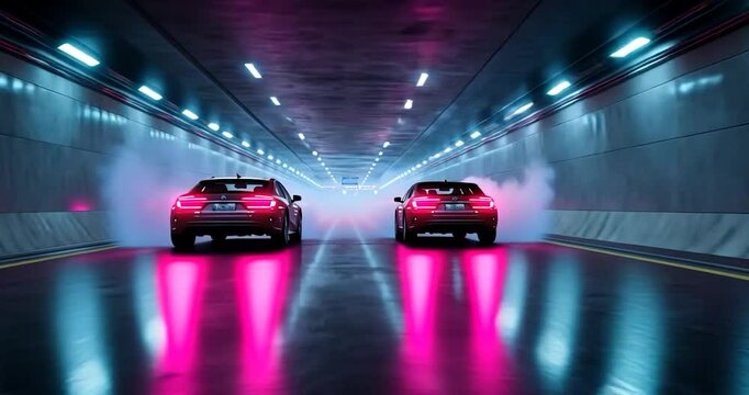 Two red cars speeding inside a neon-lit tunnel. Vapor and reflections create a vibrant scene with magenta and turquoise hues