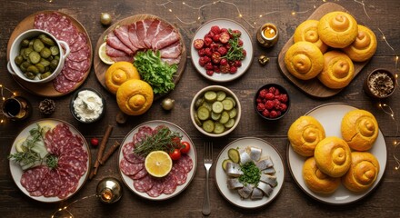 Festive Food Platter with Salami, Pickles, Rolls and Herring