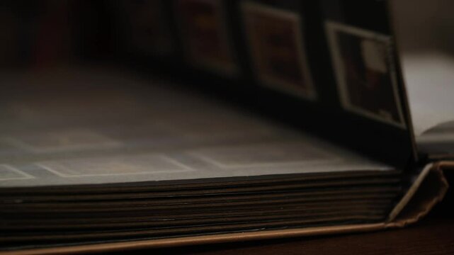 male hands flip through blurred pages postage stamp collection album. stamp collector checks his collection and enjoys it in blurry way. front view. close-up.