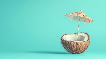 Refreshing tropical oasis in a coconut shell complete with a bamboo umbrella providing shade and a serene peaceful atmosphere for relaxation and indulgence