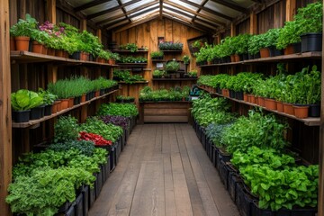 Obraz premium A spacious greenhouse filled with thriving plants, seniors tending to flowers and fresh herbs