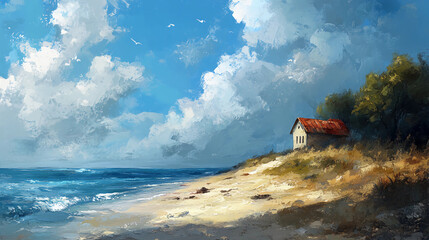 A painting of a beach with a house on it