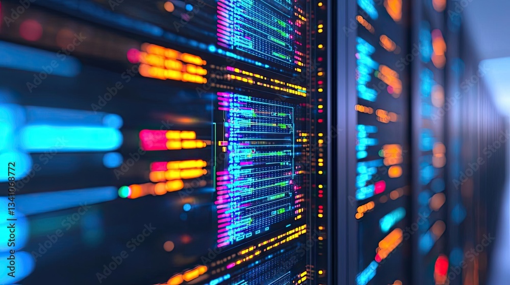 Aufkleber Cybersecurity database computing and data protection concept. Close-up of colorful data cables in a modern server setup.