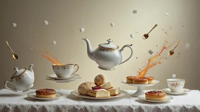 Escena de t&eacute; flotante con porcelana y reposter&iacute;a