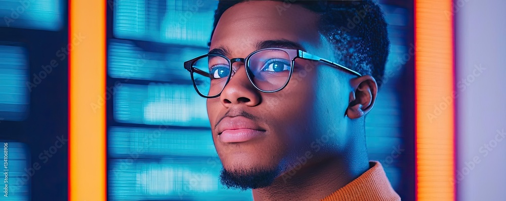 Poster Cybersecurity data protection in database computing concept. Portrait of a focused young man in a modern, vibrant setting.