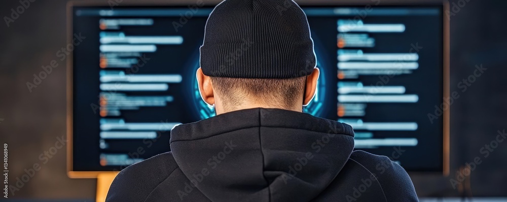 Poster Cybersecurity data protection in database computing concept. Individual coding in front of a computer screen at night.