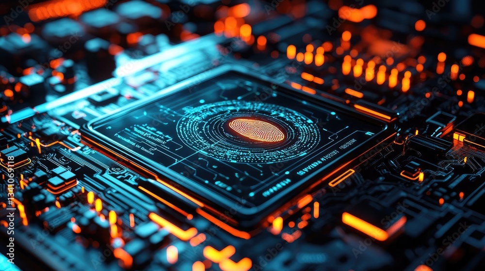 Aufkleber Cybersecurity database computing and data protection concept. Close-up of a circuit board showcasing intricate electronic design.