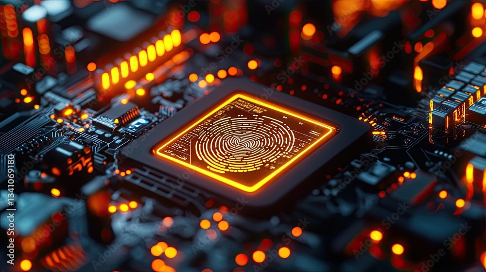 Poster Cybersecurity database computing and data protection concept. Close-up of a computer chip on a circuit board with glowing lights.