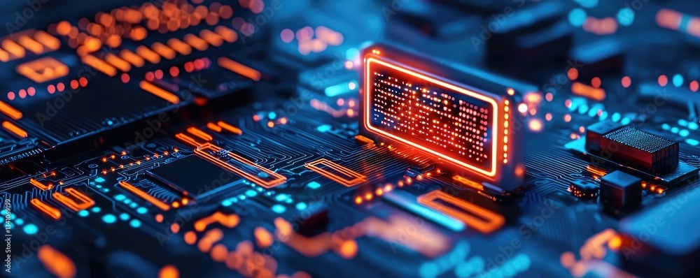 Aufkleber Cybersecurity protection in cyberspace and computing concept. Close-up view of a colorful printed circuit board with lights.