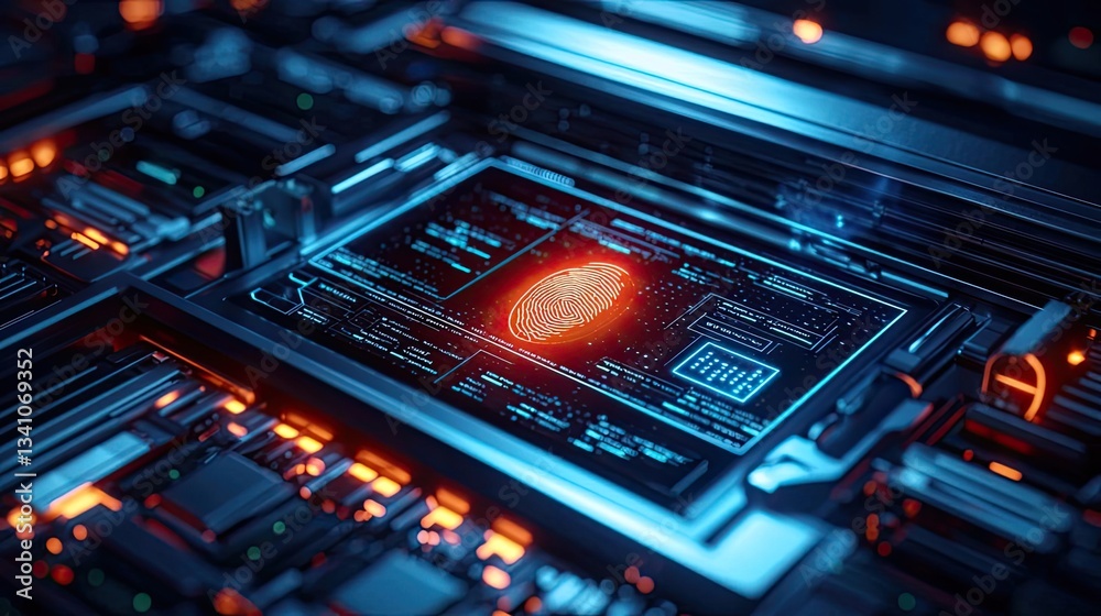 Aufkleber Cybersecurity data protection in database computing concept. Futuristic circuit board with glowing elements and digital design.