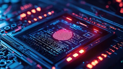 Obraz premium Cybersecurity data protection in database computing concept. Close-up of modern circuit board with glowing lights and patterns.