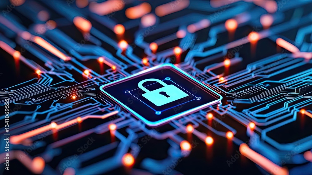 Poster Cybersecurity database computing and data protection concept. A close-up of a digital lock on a circuit board background.