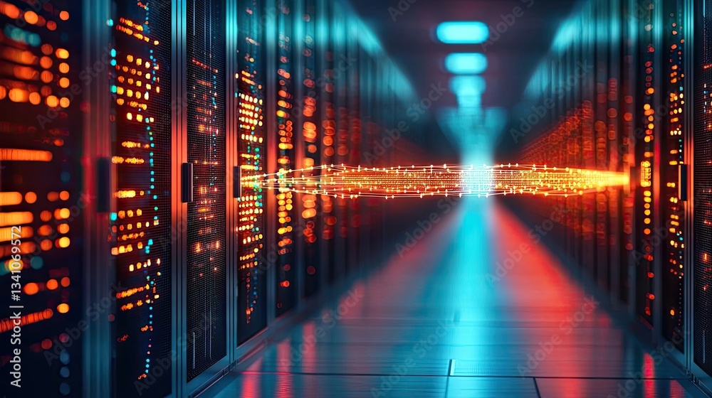 Poster cybersecurity protection in cyberspace and computing concept. vibrant server room showcasing data fl