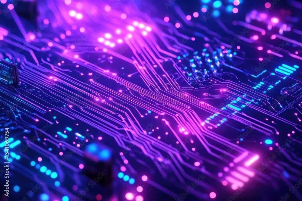 Poster colorful abstract circuit board design with glowing lines and nodes