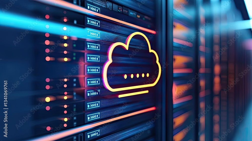 Aufkleber Cloud technology database and server backup storage concept. Vibrant server room with cloud computing symbol representing digital innovation.