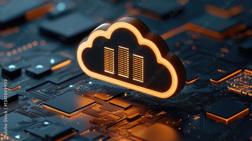 Aufkleber Cloud technology database and server backup storage concept. Futuristic cloud computing concept with digital circuits and data storage.