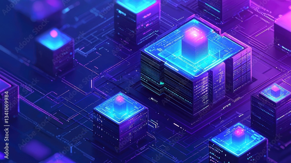 Aufkleber Cloud technology database and server backup storage concept. Futuristic digital technology concept with glowing data servers.