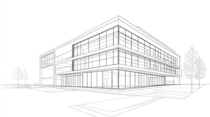 Architectural building design sketch, modern office, urban landscape, CAD drawing, vector graphic, for print, presentation, or web use