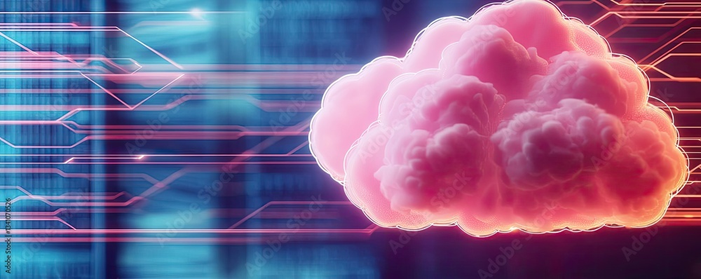 Poster Cloud technology database and server backup storage concept. Abstract digital cloud with vibrant colors representing data and connectivity.