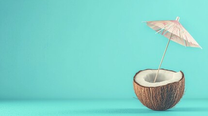 Closeup of a halved coconut shell filled with a tropical cocktail and decorated with a small umbrella set against a vibrant turquoise background