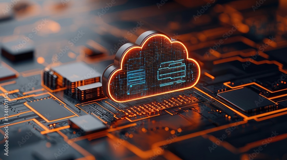 Fototapete Cloud technology in public and private server storage concept. A close-up of a digital cloud symbol on a circuit board representing data storage.