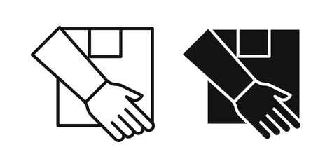 Hand holding box icons in black fill and line style