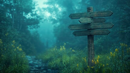Misty directional signpost enchanted forest nature photography serene environment close-up journey's choice