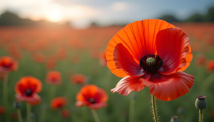 Vibrant red poppy flowers blooming in a beautiful field during sunset

