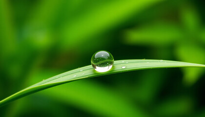 Single Raindrop on Green Leaf