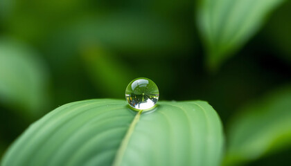 Single Raindrop on Green Leaf