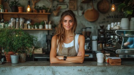 Cozy and inviting cafe interior with natural elements vintage inspired decor and a barista s relaxed expression behind the counter creating a welcoming atmosphere for customers