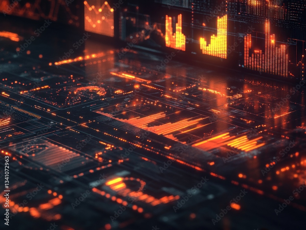 Poster futuristic data visualization with glowing graphs and charts