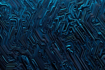 Abstract close-up of a glowing blue digital circuit board, showcasing intricate connections and technological design on a black background.
