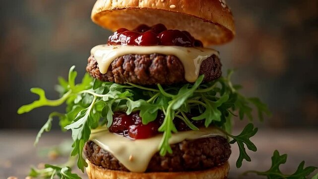 Hamburguesa doble con queso derretido, r&uacute;cula y mermelada de frutos rojos