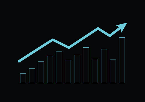 Stock and investment concept. A bar graph with an upper arrow on a dark background. Bullish market, profit of wealth, high risk high return, business growth up.