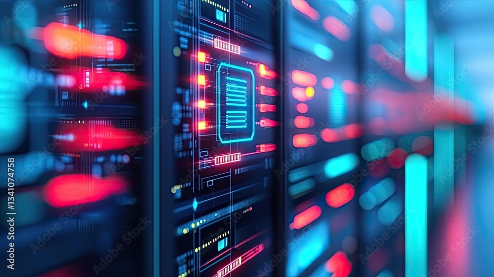 Aufkleber Cybersecurity data protection in database computing concept. Futuristic server room with illuminated data processing units.