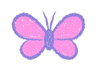Hand-drawn crayon butterfly in purple and pink colors. Simple doodle chalk icon isolated on white background.