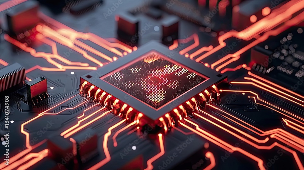 Poster Cybersecurity protection in cyberspace and computing concept. Close-up of a glowing microchip on a circuit board.
