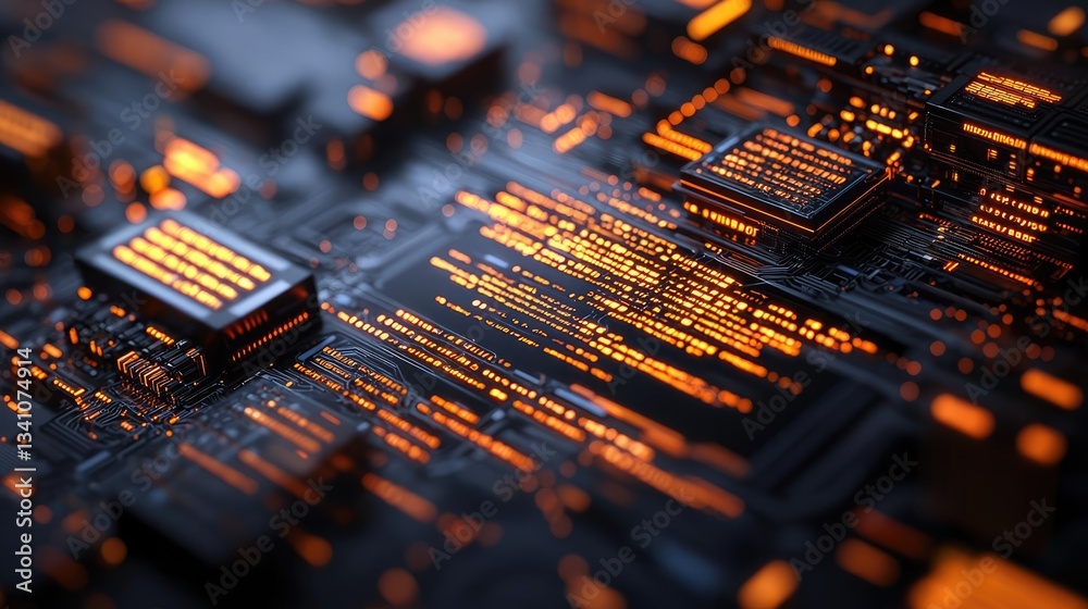 Poster Cybersecurity data protection in database computing concept. Close-up of a modern circuit board with glowing elements.