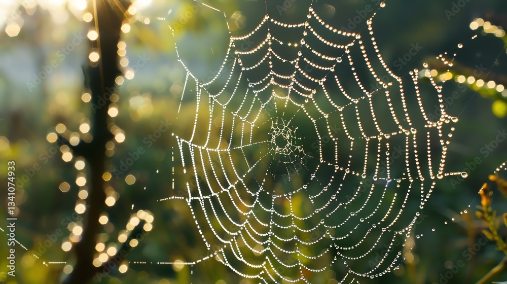 Canvas Prints a spider web covered in dew drops sparkles in the sunlight.