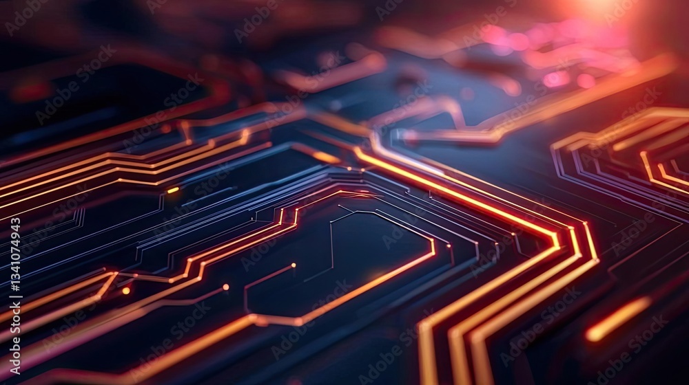Fototapete Cybersecurity protection in cyberspace and computing concept. Abstract circuit board design with glowing lines and patterns.