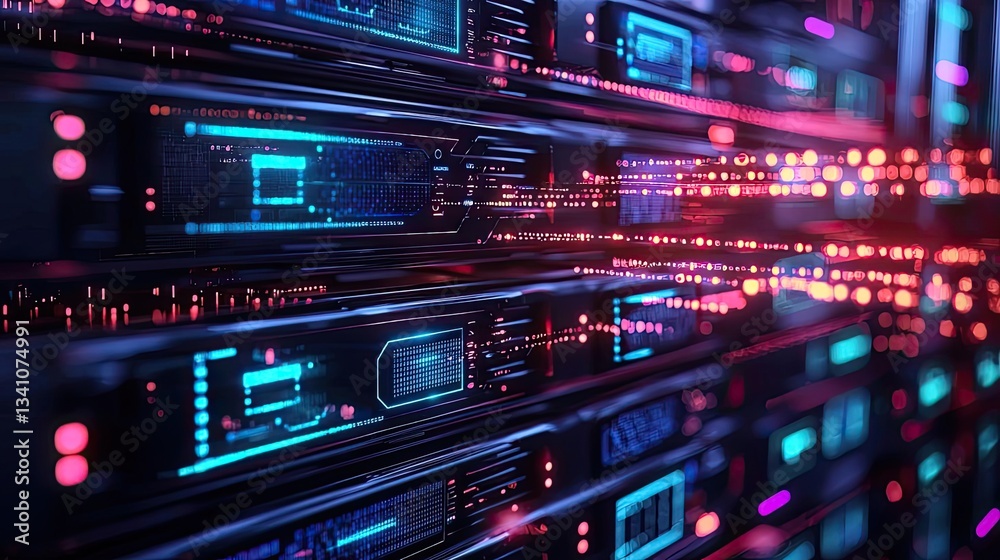 Poster Cybersecurity data protection in database computing concept. Futuristic server room with glowing lights and digital components.
