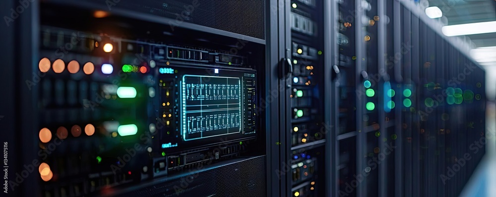 Aufkleber Cybersecurity data protection in database computing concept. Modern server rack showcasing advanced data processing capabilities.